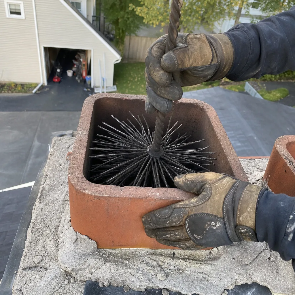 Professional chimney sweep cleaning a brick chimney flue from the roof.