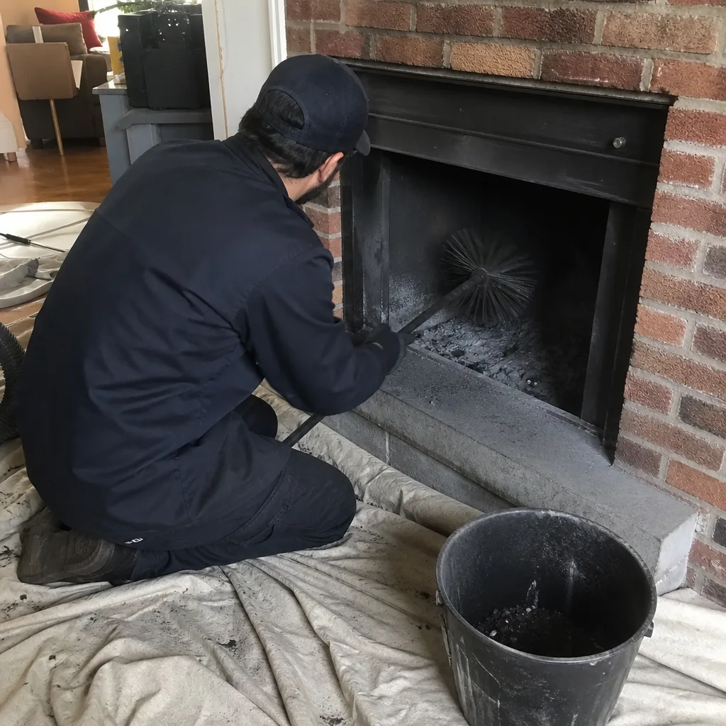 Professional chimney sweep cleaning a residential fireplace with a brush