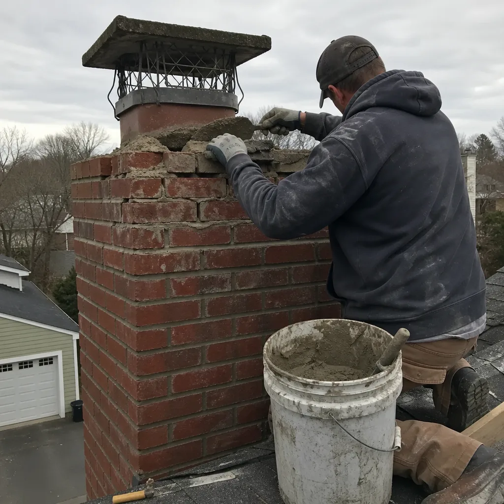 Professional contractor performing brick masonry chimney repair on a rooftop