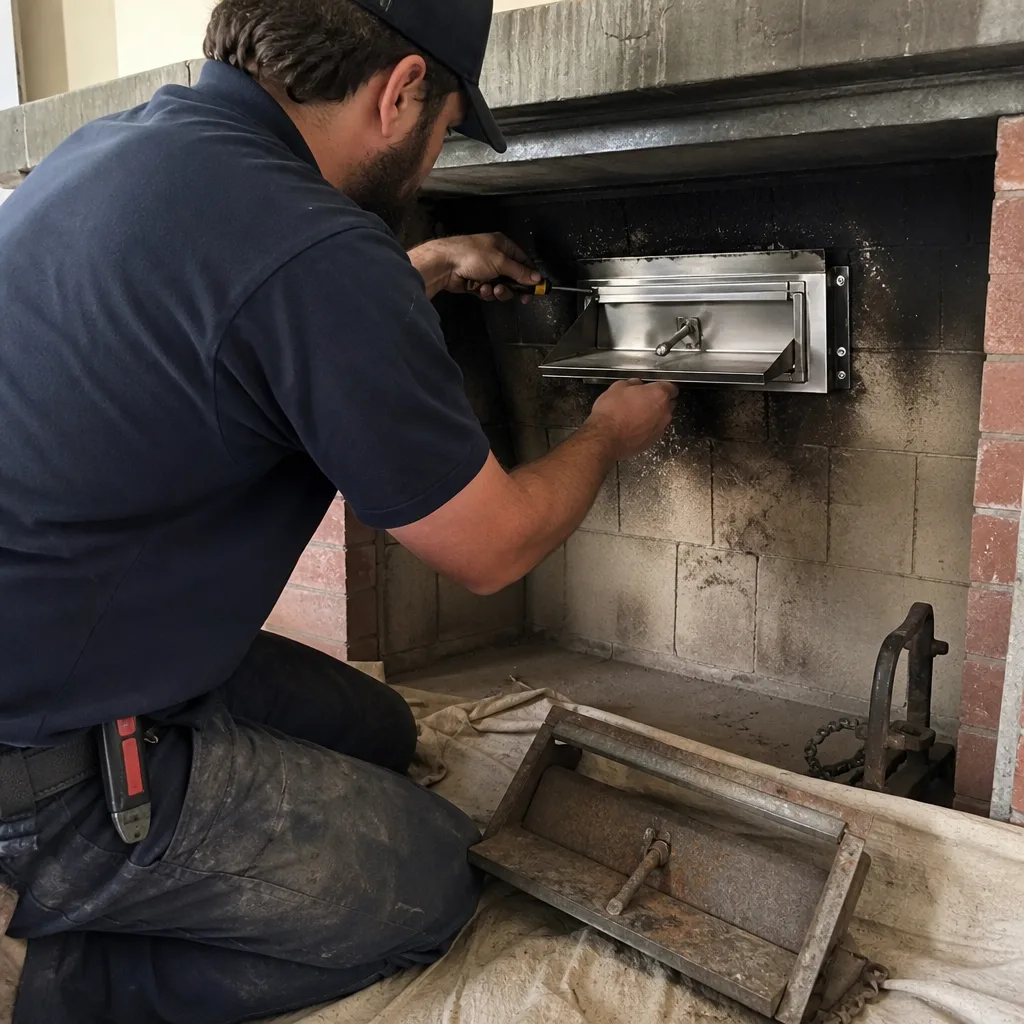 Technician installing a stainless steel fireplace damper in a masonry hearth