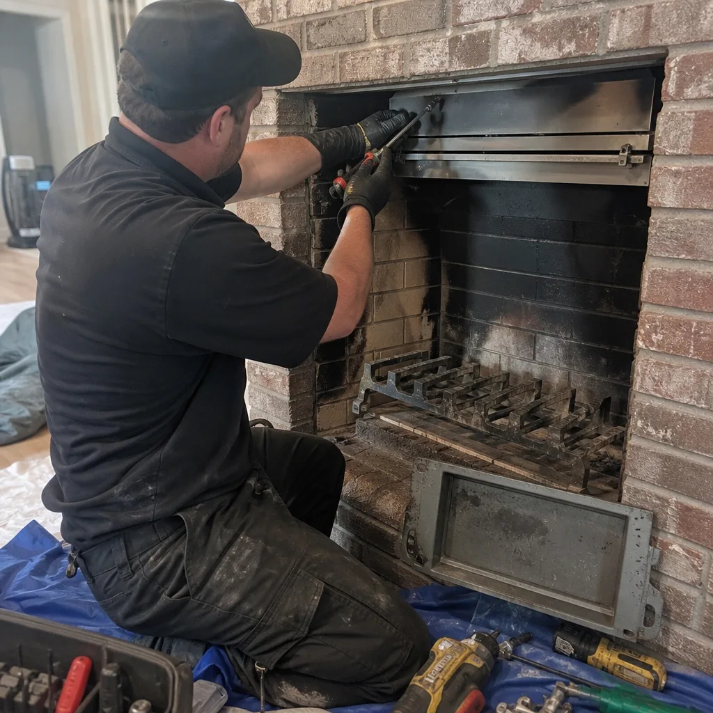 Technician performing professional fireplace maintenance and chimney repair services