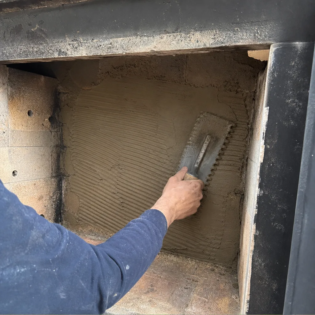 Professional applying mortar to a fireplace wall with a trowel