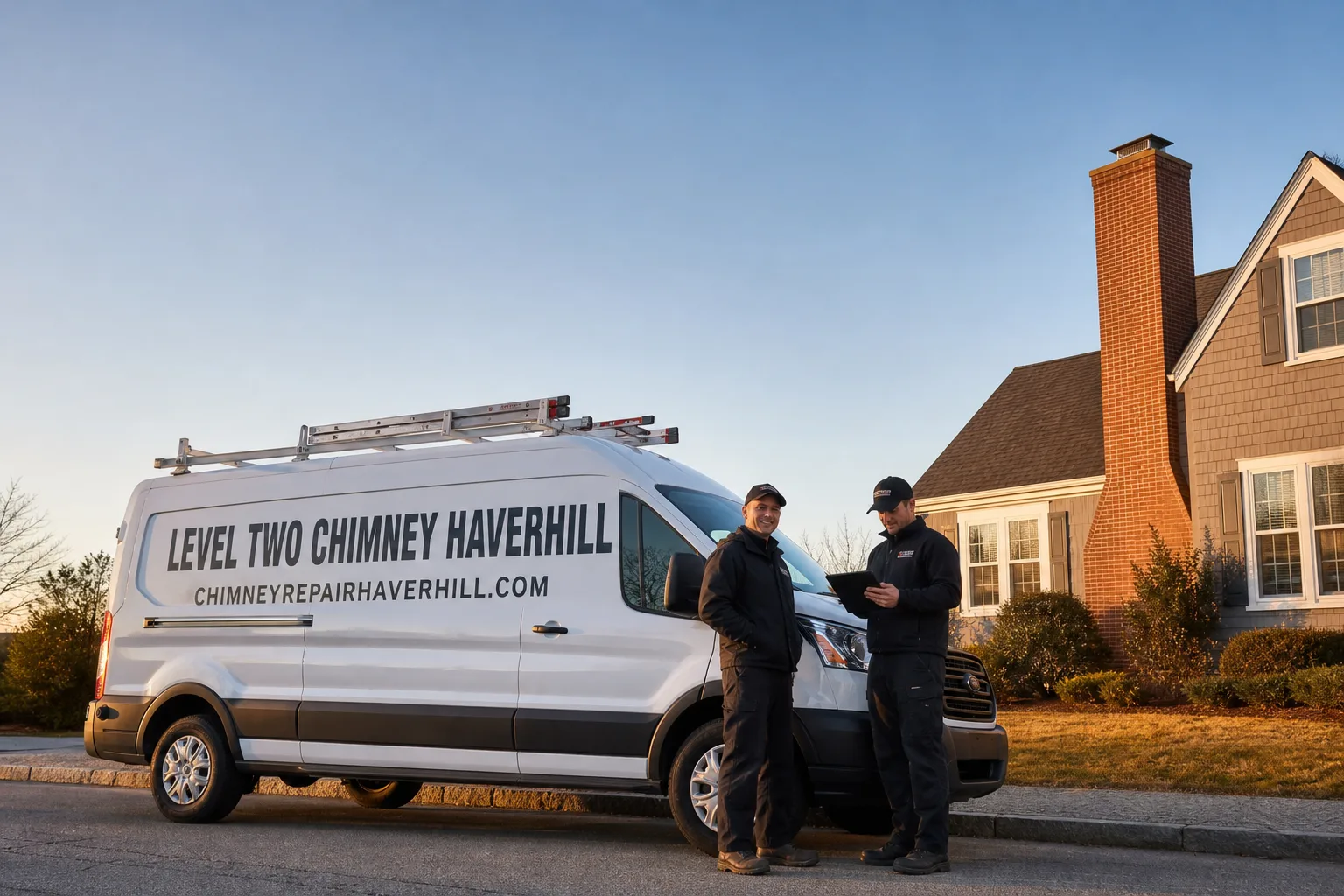 Level Two Chimney Haverhill chimney cleaning service vehicle and crew in Haverhill, MA